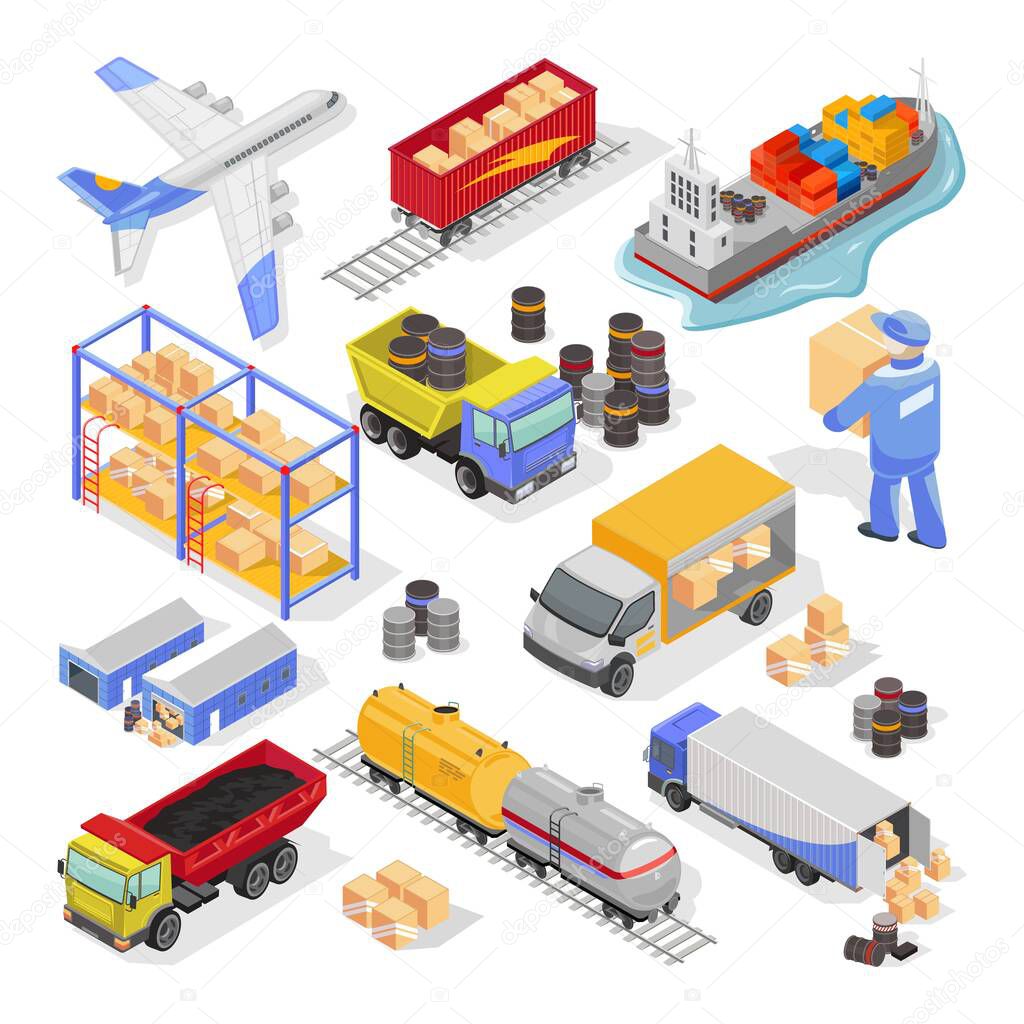 Big vector isometric set with types and stages of delivery, logistics for infographics, web design.