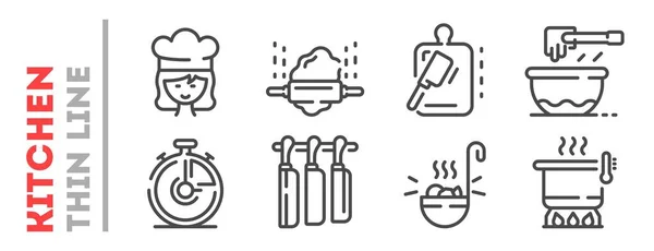 Conjunto de iconos de línea delgada relacionados con el proceso de cocción aislado en blanco . — Vector de stock