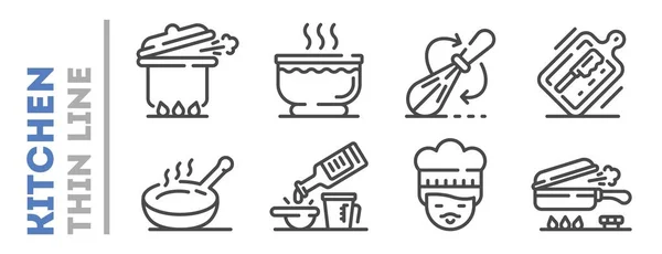 Conjunto de hervir, freír, mezclar, asar iconos de línea delgada aislados en blanco. Equipo de cocina, suministros logos . — Vector de stock