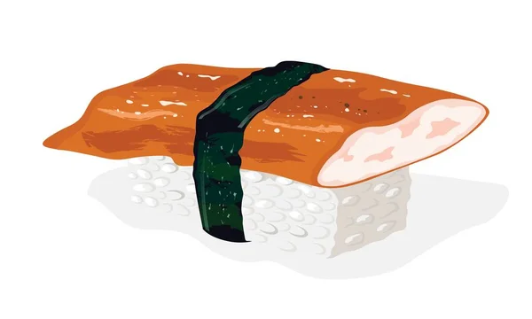 Świeże sushi unagi. Ryż zwieńczony krojonym węgorzem i owinięty paskiem wodorostów nori. — Wektor stockowy
