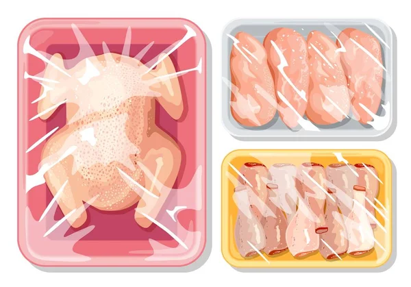 Plastik et paketleriyle büyük vektör seti, yiyecekleri en iyi şekilde güvende tutmak için kümes hayvanları.