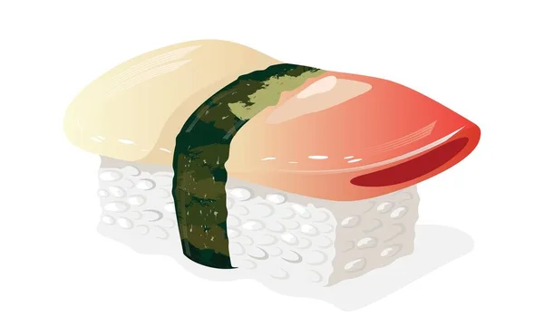 Sushi Hokkigai. Arroz coberto com pedaços de marisco e envolto com tiras de algas nori . — Vetor de Stock