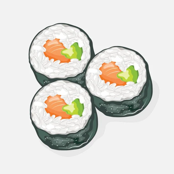 Futomaki sushi broodjes met azijn, lox, avocado, komkommer, nori zeewier. — Stockvector