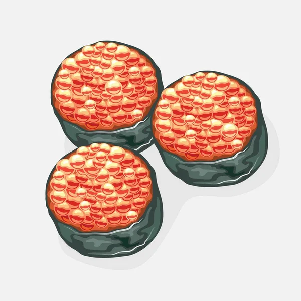 Tres rollos de sushi ikura con arroz vinagre, caviar de salmón envuelto en una tira de algas nori . — Vector de stock