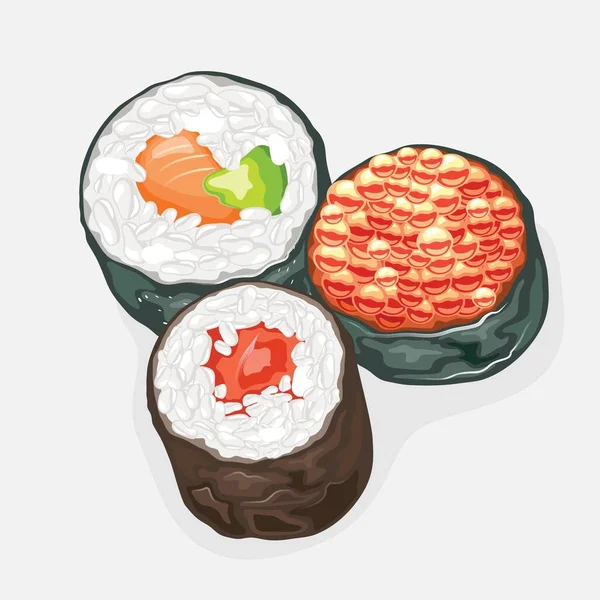 Tekkamaki, futomaki, ikura rouleaux de sushi enroulés autour avec des algues nori . — Image vectorielle