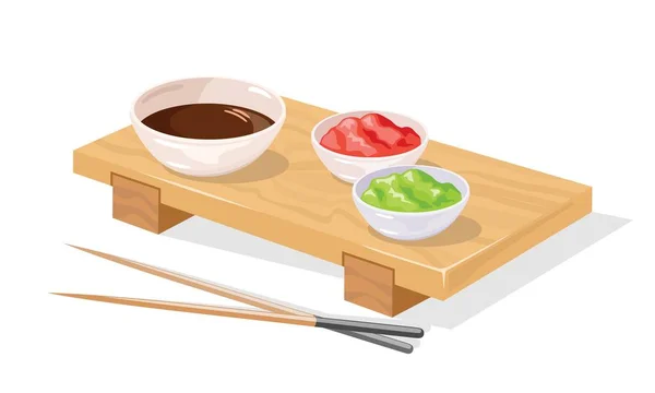 Houten sushi geta dienblad geserveerd met gember, wasabi, sojasaus in kommen en eetstokjes. — Stockvector