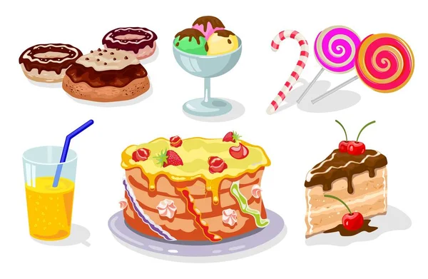 Dulce mesa de niño festivo con gateau, rosquillas, pastel, helado, bastón de caramelo, piruleta, jugo . — Vector de stock