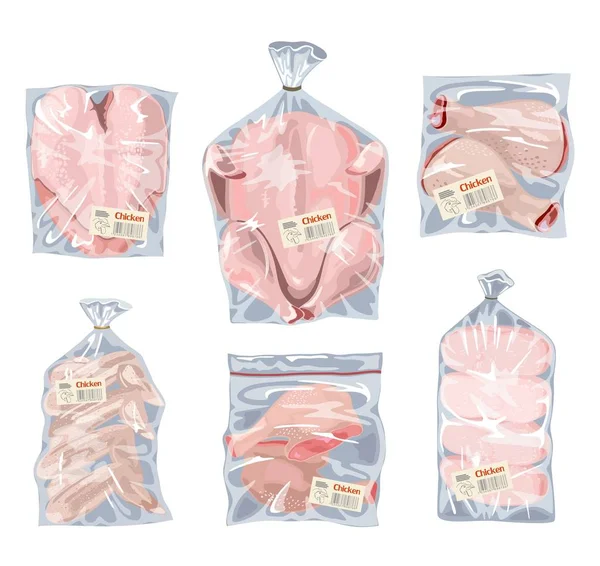 Poulet entier et ses parties en sacs de polyéthylène, emballage sous vide, pellicule plastique, film adhésif . — Image vectorielle