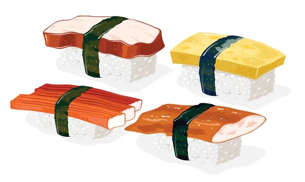 Tako, kani, unagi y sushi de tamago con arroz vinagre envuelto en tiras de algas nori . — Vector de stock