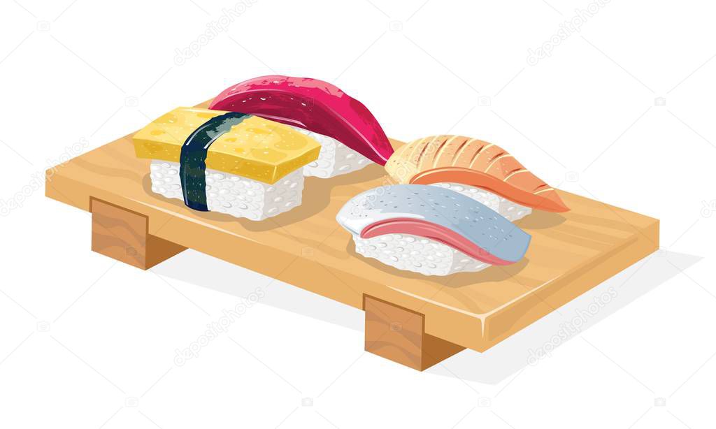 Wooden geta tray served with maguro, saba, tamago and hirame sushi.