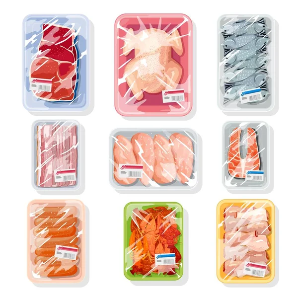 Grande conjunto vetorial com carne, aves, frutos do mar em bandejas de plástico cobertos com filme saran cozinha . —  Vetores de Stock