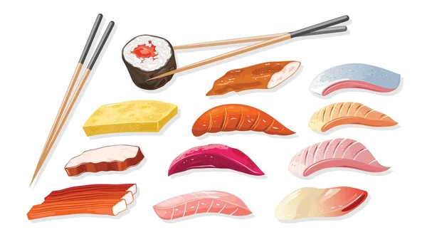 Διάνυσμα σετ με συστατικό για το μαγείρεμα ιαπωνικό ψάρι σούσι, κρέας καβουριών, οστρακοειδή και chopsticks. — Διανυσματικό Αρχείο