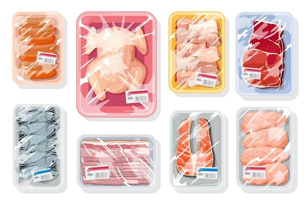 Stor vektor set med kött, fjäderfä, fisk och skaldjur på plastbrickor täckt med kök saran film. — Stock vektor