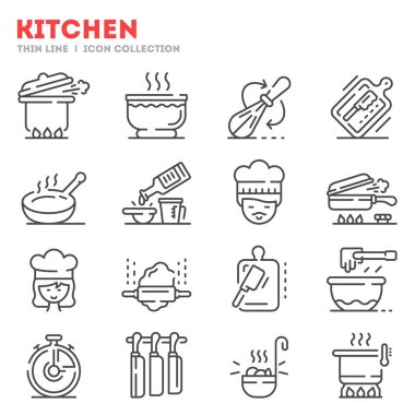 Şefle ilişkili bir dizi ince çizgi simgesi, aşçılık işi beyazlara izole edilmiş..