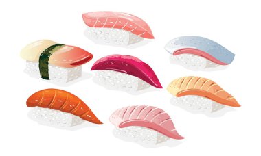 Japon shushi Hokkigai, Hirame, Tai, Maguro, Sake, Saba, Hamachi ile büyük bir vektör seti..