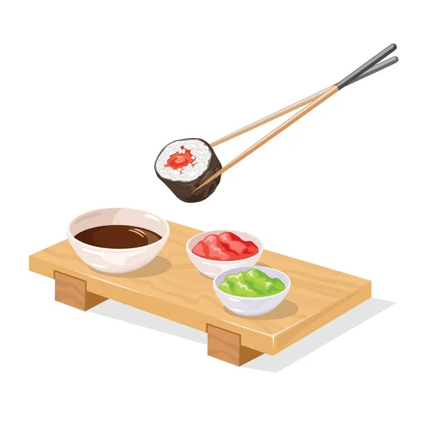 Chopsticks met tekkamaki sushi rol onder houten japanse geta lade. — Stockvector