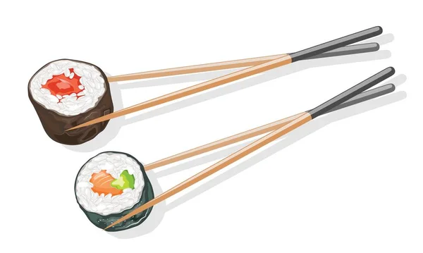 Две пары деревянных палочек для еды с теккамаки и суши-роллами футомаки . — стоковый вектор