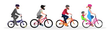 Miğferli insanlar farklı türde bisiklet sürüyorlar katlama, Bmx, kruvazör, bebek koltuklu yol..