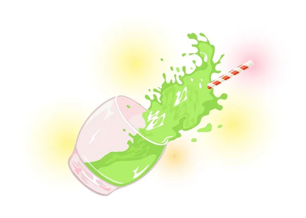 Splashes of green beverage, drink scattering from falling glass with straw. — Stock Vector