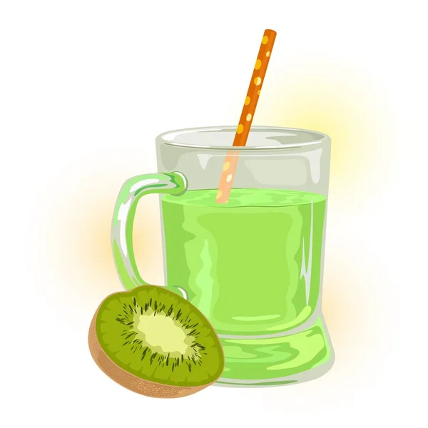 Hälften av mogen kiwi är nära transparent mugg med grön aptitretande juice. — Stock vektor