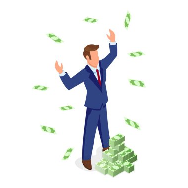 Kendine güvenen kahverengi saçlı resmi takım elbiseli adam banknot yığınlarının yanında duruyor ve zenginliğin tadını çıkarıyor..