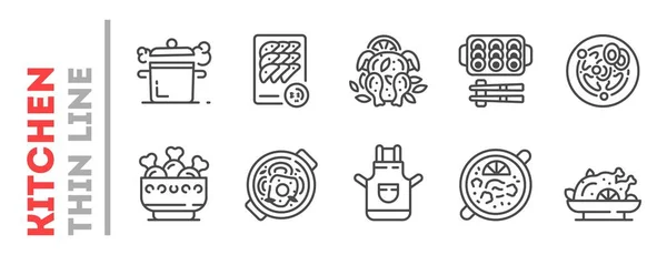 Set de utensilios de cocina, proceso de cocción, platos delgados iconos de línea aislados en blanco . — Vector de stock