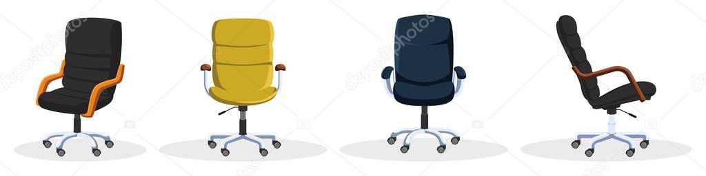 Set with rolling office chairs, armchairs in different colors blue, yellow, black. — Stock Illustration Set with rolling office chairs, armchairs in different colors blue, yellow, black. Stock Illustration