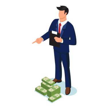 Resmi takım elbiseli, kendine güveni olmayan, banknot yığınlarının yanında duran bir adam..
