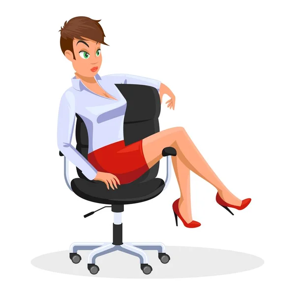 Kahverengi saçlı, açık mavi bluzlu, kısa kırmızı etekli, yuvarlanan ofis sandalyesinde oturan genç bir kadın.. — Stok Vektör