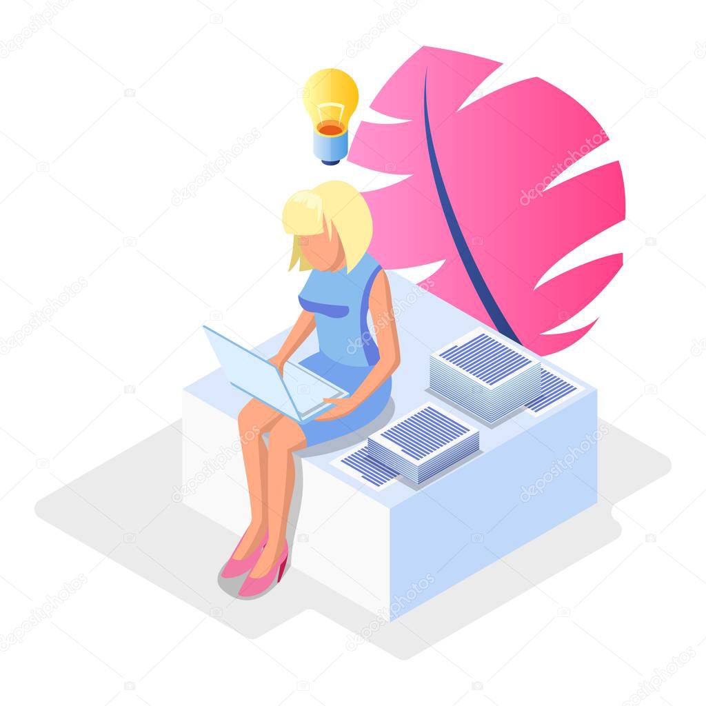 Blond faceless woman sitting with laptop among papers, documents and solving problems.