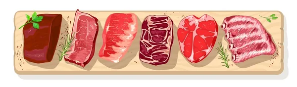 Verschiedene Fleischsorten mit viel Grün auf Holzbrettern Rindfleisch, Pog, Hammel, Lamm, Kalb. — Stockvektor