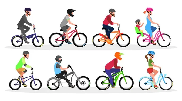 Conjunto grande con bicicletas de diferentes tipos y colores con ciclistas en cascos . — Vector de stock