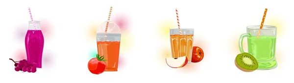 Big set with ripe fruits, berries, vegetable and juices in transparent glassware with straws. — 스톡 벡터