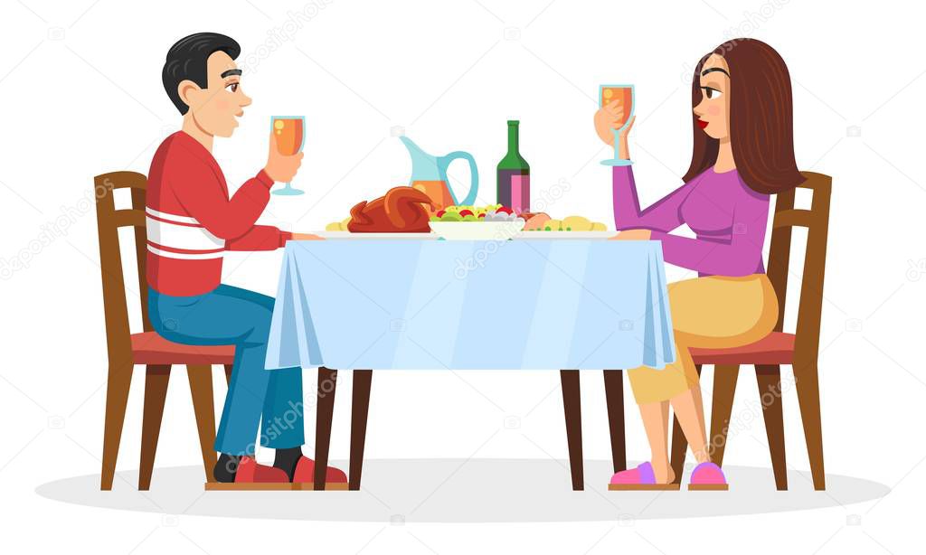 Young family, millenials, lovers having romantic dinner at home.