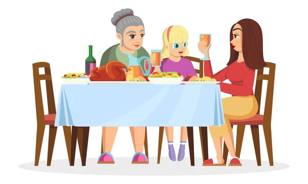 Menina, sua mãe, avó sentada à mesa, conversando, comendo, comemorando férias . —  Vetores de Stock