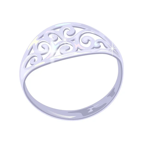 Elegante anello in platino intagliato, oro bianco o argento. Abbagliante accessorio costoso . — Vettoriale Stock