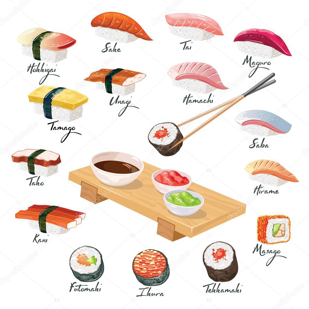 Big vector set with japanese sushi, sashimi, makizushi, norimaki grouped around wooden geta tray.