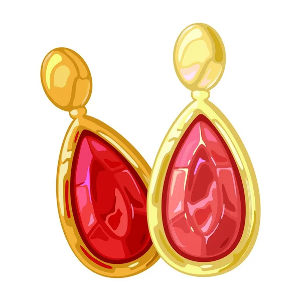 带红色宝石的花哨吊坠状黄金耳环或耳环夹. — 图库矢量图片