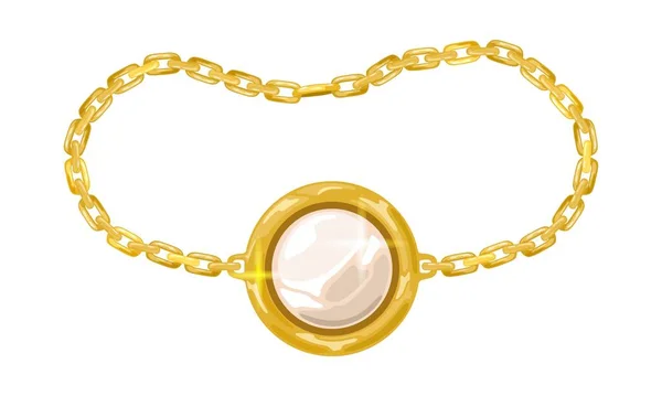 Κίτρινη χρυσή αλυσίδα με λευκό οπάλιο, μαργαριτάρι ή διαμάντι σε στρογγυλό μενταγιόν, γοητεία. — Διανυσματικό Αρχείο