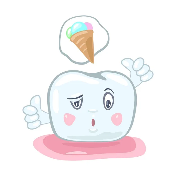 Trauriger, aufgebrachter Zahn, der daran denkt, Eis zu essen, das ihm schaden kann. Nützliche und schädliche Lebensmittel. — Stockvektor