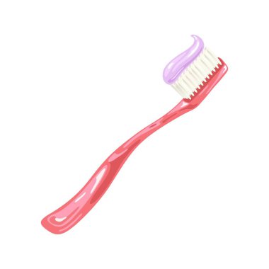 Açık kırmızı diş fırçası ve çıkarılmış mor diş macunu. Kişisel, ağız temizliği malzemeleri, tuvalet malzemeleri..