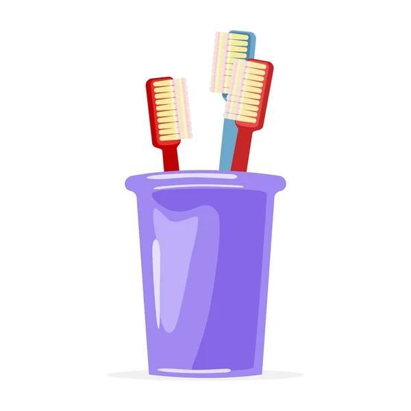 Deux brosses à dents rouges et bleues sont en verre violet. Articles de toilette en famille, articles d'hygiène personnelle buccale . — Image vectorielle