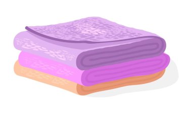 Pile of orange, pink, violet soft terry towels for hair, face, hands, body, floor.