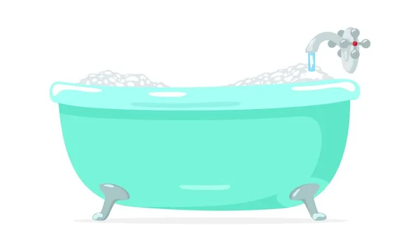 Voda tekoucí z kohoutku, kohoutku do zelené lázně a vytvářející pěnové bubliny. Koupelna, WC interiér objektu. — Stockový vektor