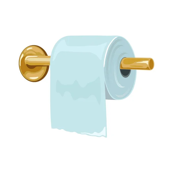 Žlutý kovový držák toaletního papíru připevněný ke stěně a role. Koupelna, WC interiér prvek. — Stockový vektor