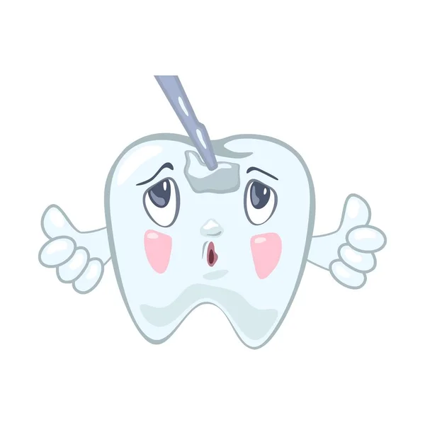 Θλιβερό, αναστατωμένο δόντι με τρύπα, κοιλότητα στην κορυφή ψάχνει να στοματολογικό όργανο που τον αγγίζει. — Διανυσματικό Αρχείο