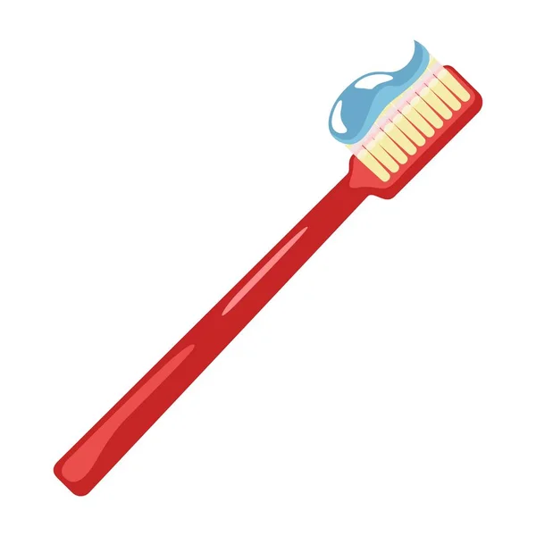 Cepillo de dientes rojo claro con pasta de dientes extruida de color púrpura. Artículos de higiene personal, bucal, artículos de tocador . — Vector de stock