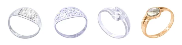 Set realistico vettoriale con anelli in platino dorato, argento, in stile diverso con e senza gemme . — Vettoriale Stock