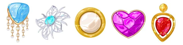 Vector realistic set with elegant golden, silver, platinum brooches, charms, pendants. — 스톡 벡터
