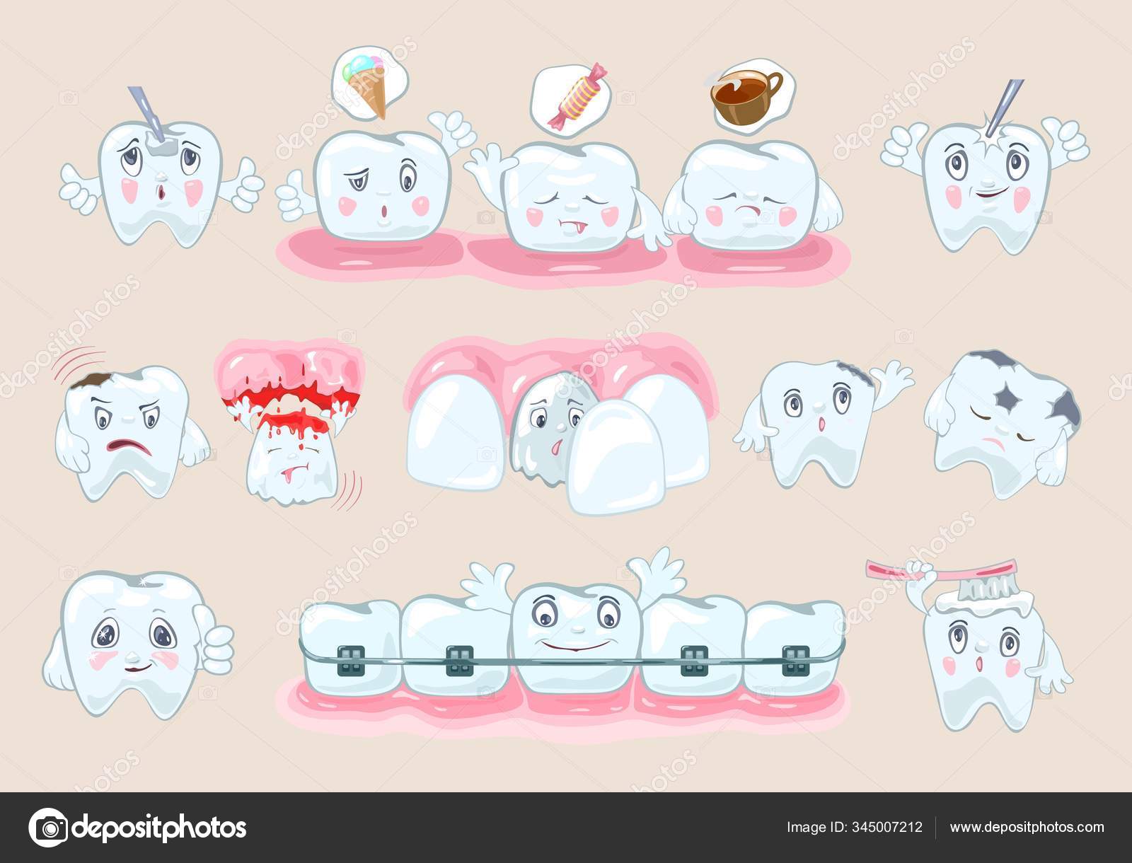 Big set with healthy and painful teeth, nutrition
